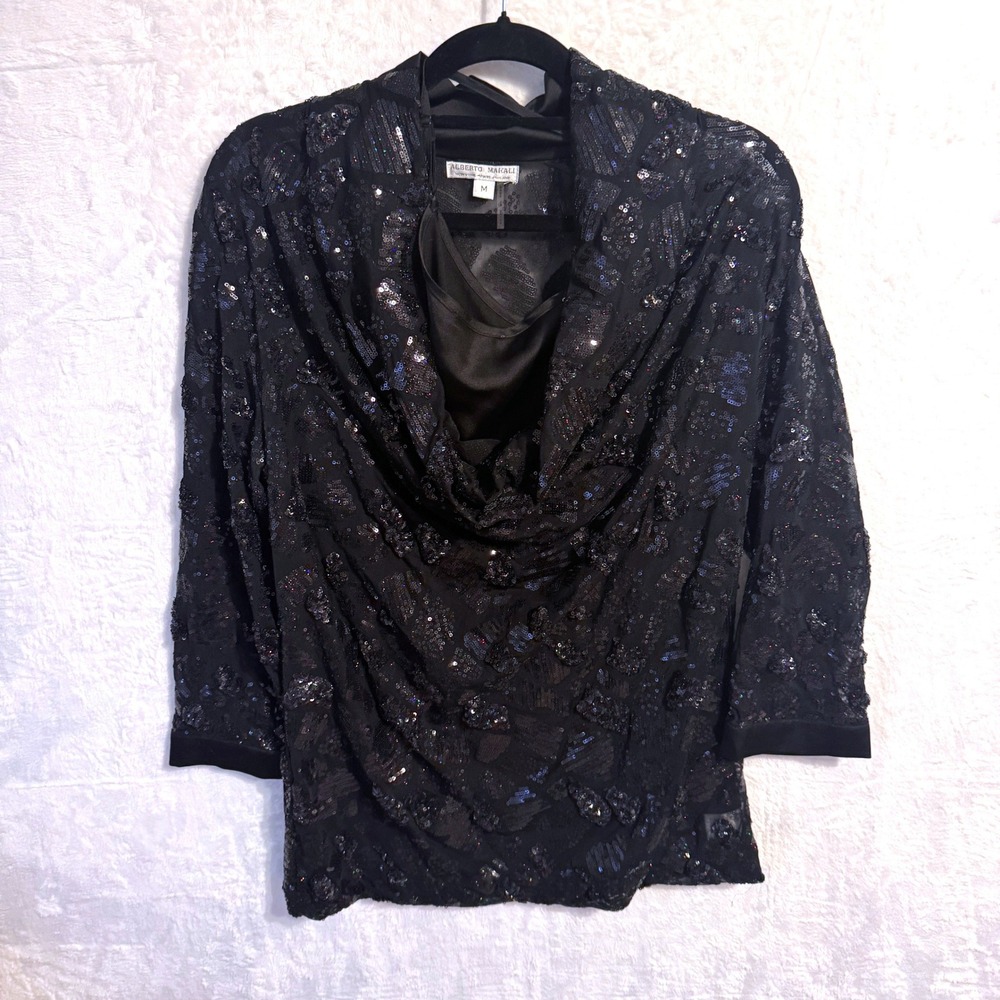 Alberto Makali Womens Black Sequin Cowl Neck Top 3/4 Sleeve Mesh Blouse Medium